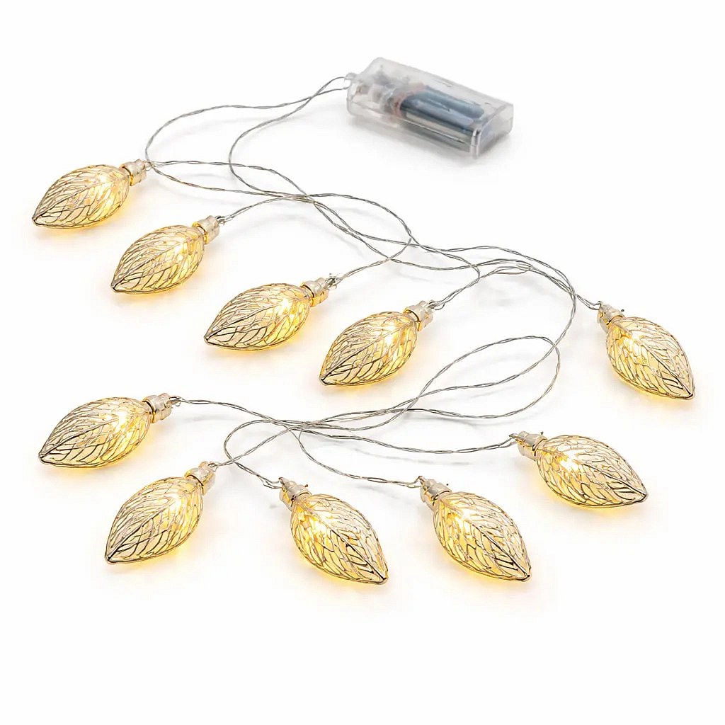 Lampki LED na baterie, metalowe listki, 1,8 m, ciepła biel, 10 diod, przezroczysty przewód, IP20 do wnętrz, 2 × AA