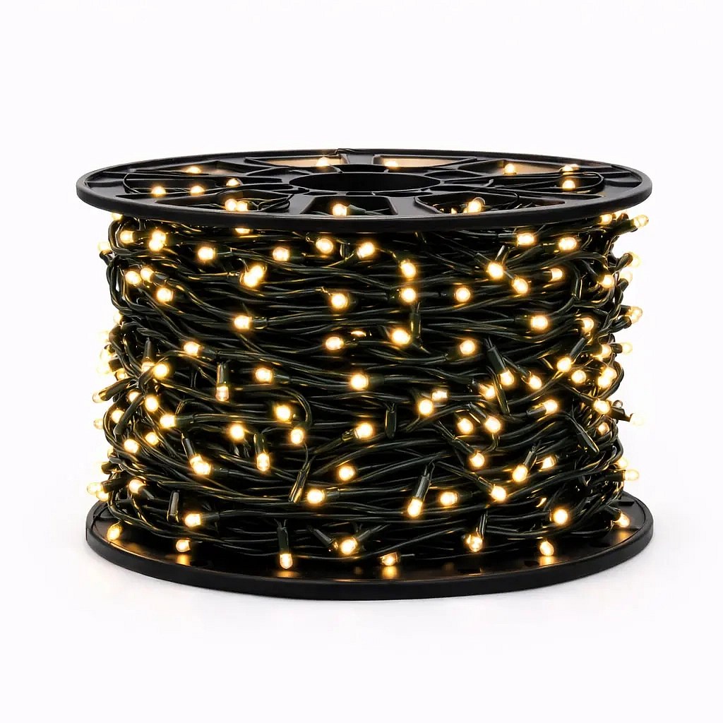 Wewnętrzny łańcuch świetlny LED Easy Fix 100 m, ciepła biel, 1000 diod LED, zielony kabel IP20, spirala