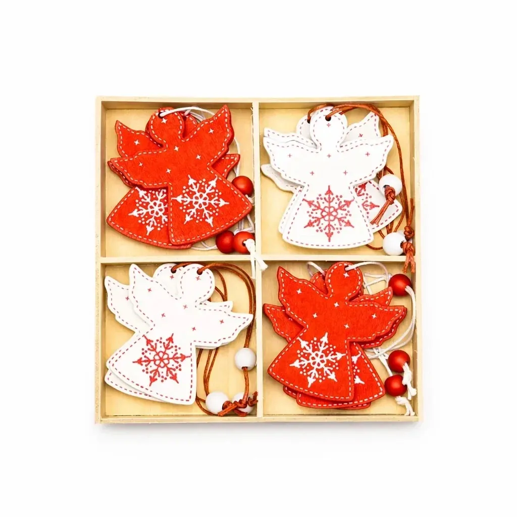 Zestaw drewnianych ozdób świątecznych aniołek 5 × 6 cm, czerwono-biały, opakowanie 12 szt.