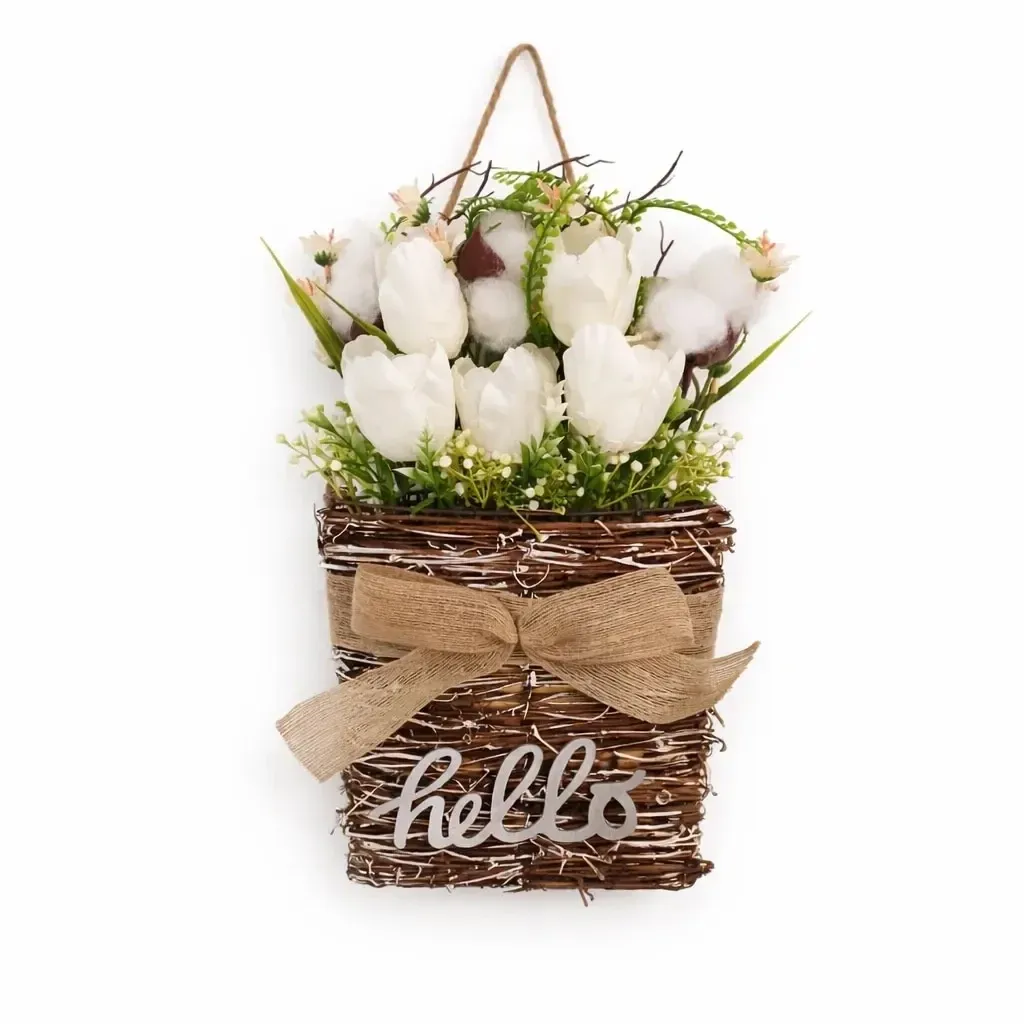 Dekoracja wiosenna białe kwiaty 23 × 40 cm, wiklina i plastik, IP44, na zewnątrz