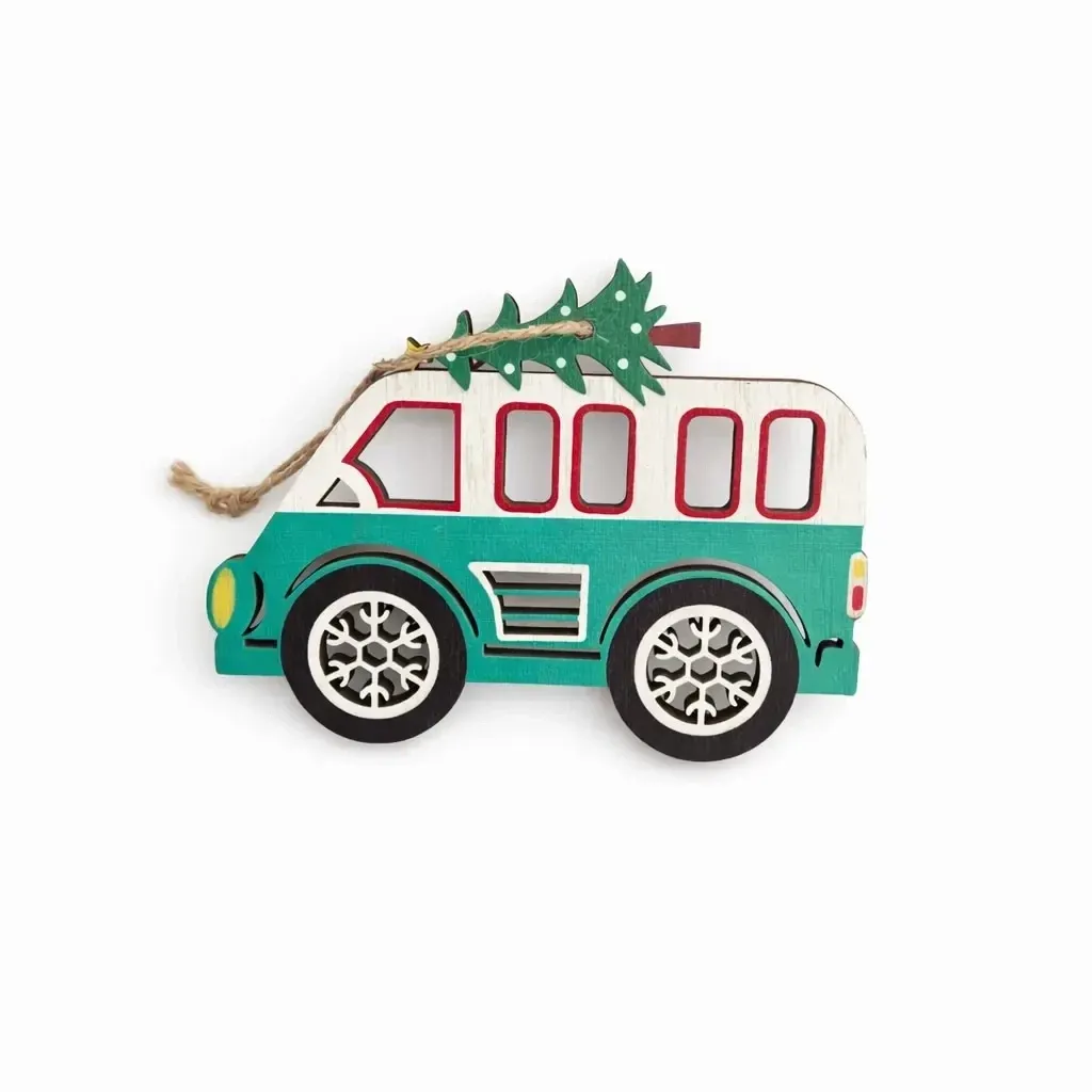 Drewniany autobus bożonarodzeniowy o wymiarach 12 × 9,5 cm, do zawieszenia