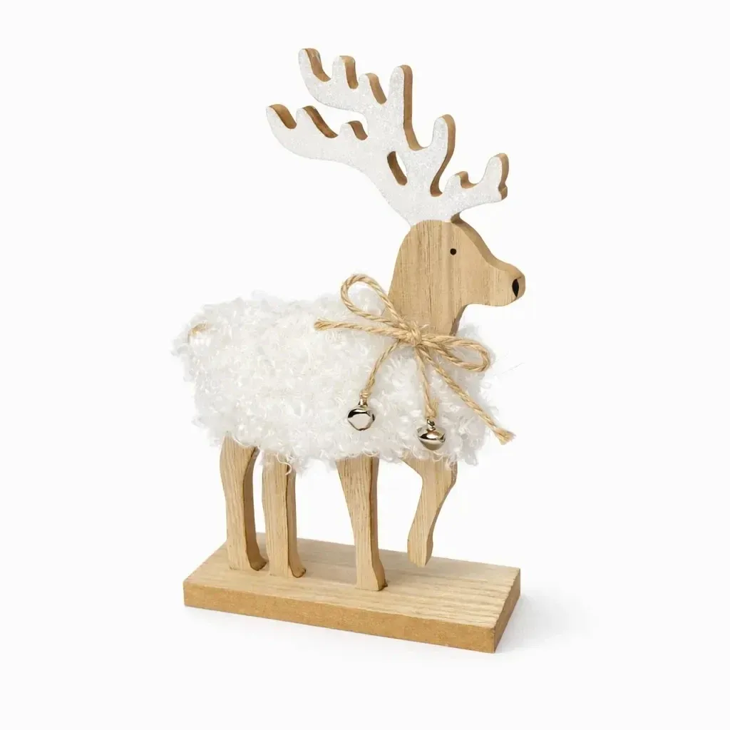 Drewniana dekoracja stołu bożonarodzeniowego renifer 12,5 × 5 × 20,5 cm, biała, stojąca