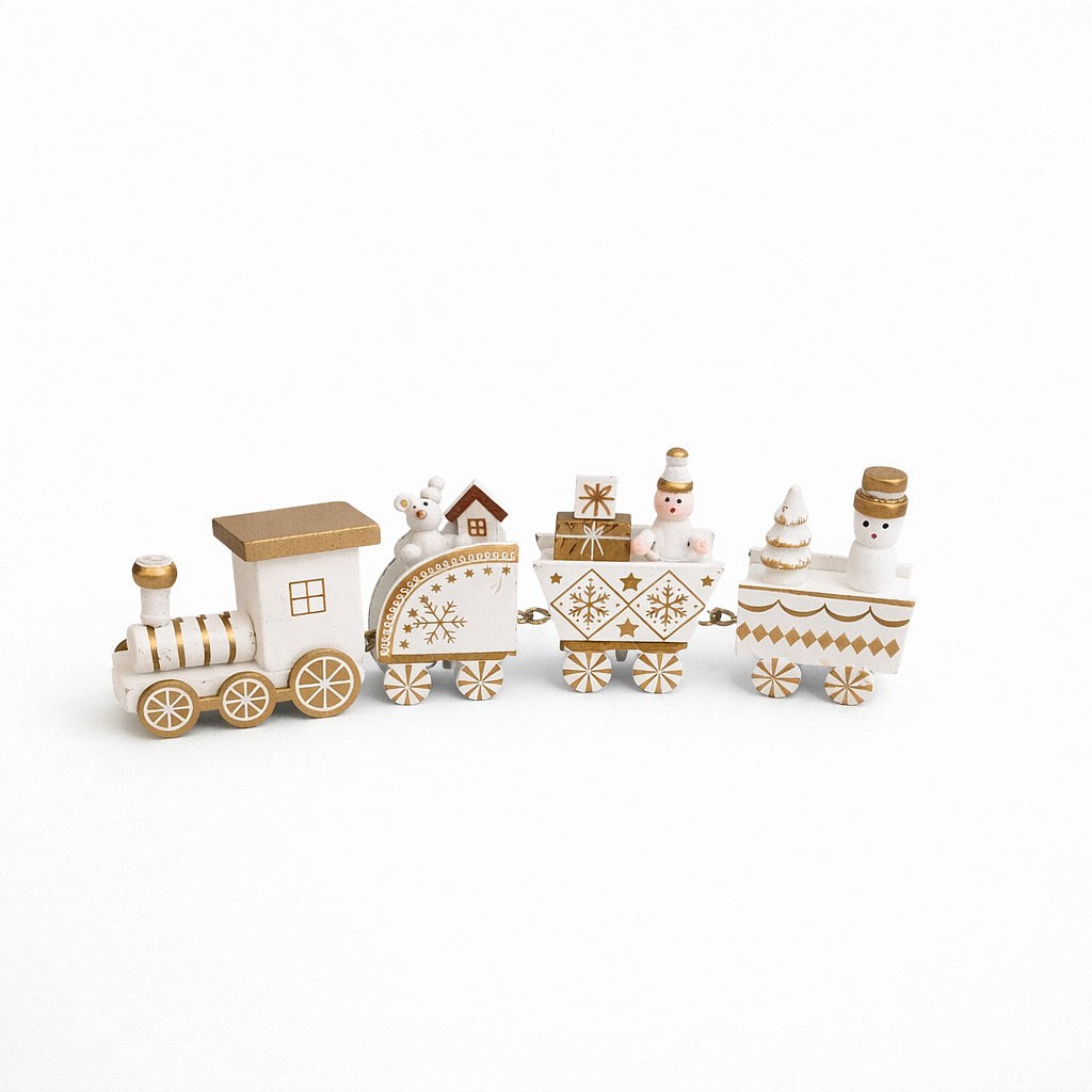 Drewniana dekoracja pociągu z trzema wagonikami, 22,3 × 7,2 × 2,8 cm, biała