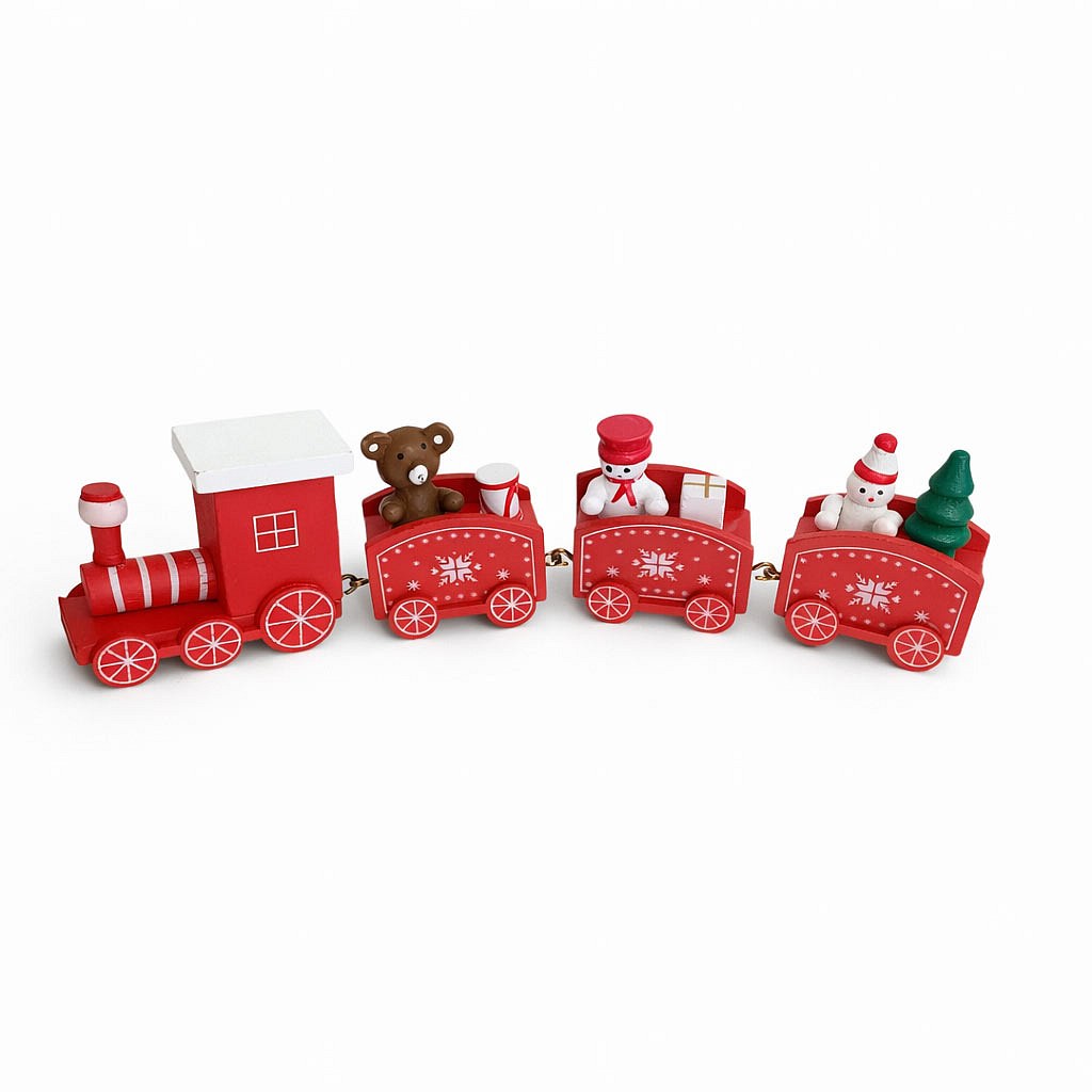 Dekoracyjny drewniany pociąg z trzema wagonikami, 22,3 × 7,2 × 2,8 cm, czerwony