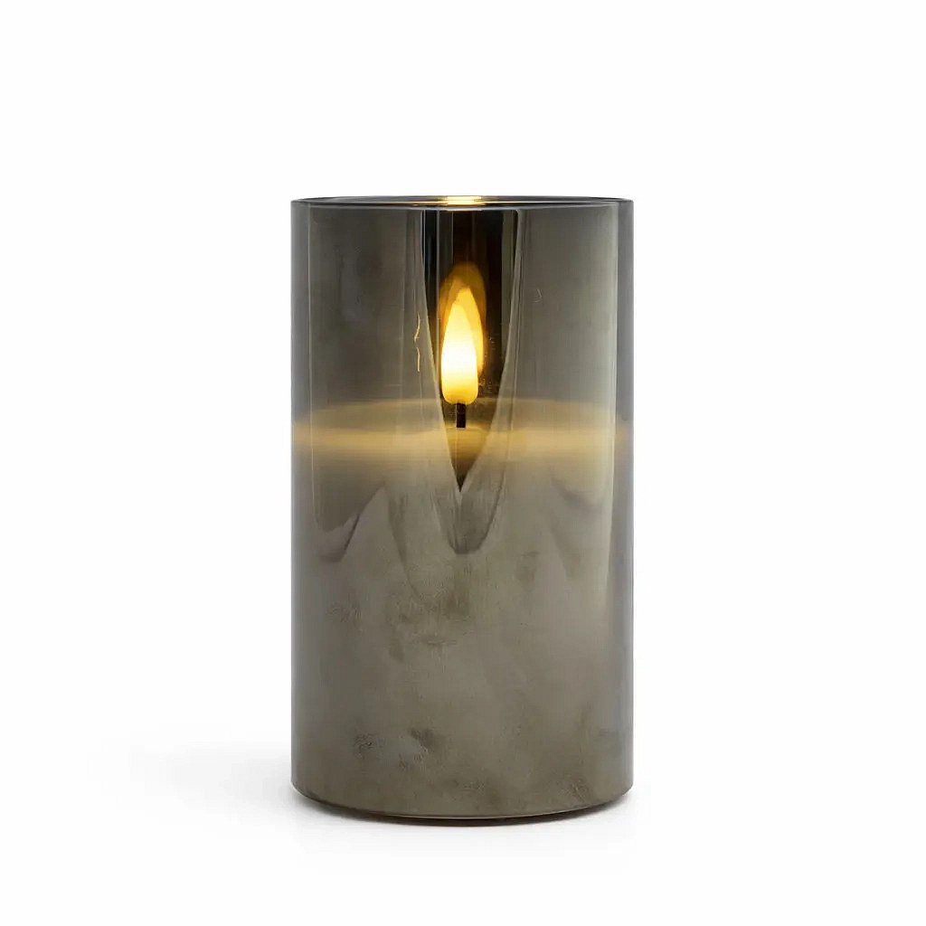 Świeca LED na baterie w szkle, Ø 7,5 × 10 cm, szara, 2 × AA