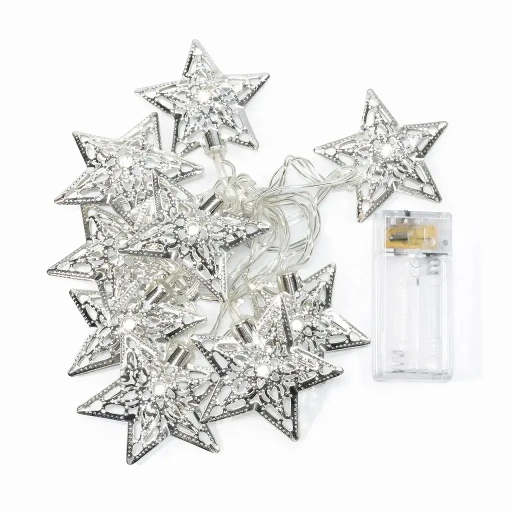 Lampki LED na baterie, 1,3 m, metalowe gwiazdki, kolor lodowobiały, 10 diod, przezroczysty kabel, stopień ochrony IP20 – do wnętrz, 2× AA