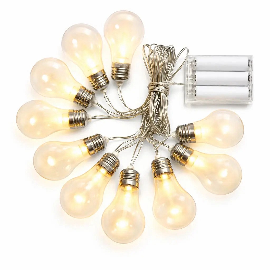 Lampki imprezowe LED na baterie 5 m, 10 ciepłych białych diod LED, przezroczyste żarówki, przezroczyste, 3 × AA, IP20 do wnętrz