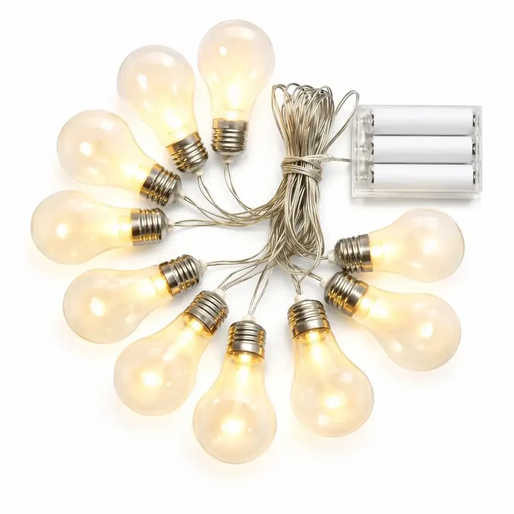 Lampki imprezowe LED na baterie 5 m, 10 ciepłych białych diod LED, przezroczyste żarówki, przezroczyste, 3 × AA, IP20 do wnętrz