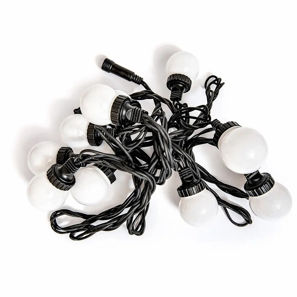 Oświetlenie imprezowe Easy Fix LED, 5 m, do użytku na zewnątrz, 10 kulek, 70 diod w kolorze lodowej bieli, czarny kabel, IP67, przedłużacz