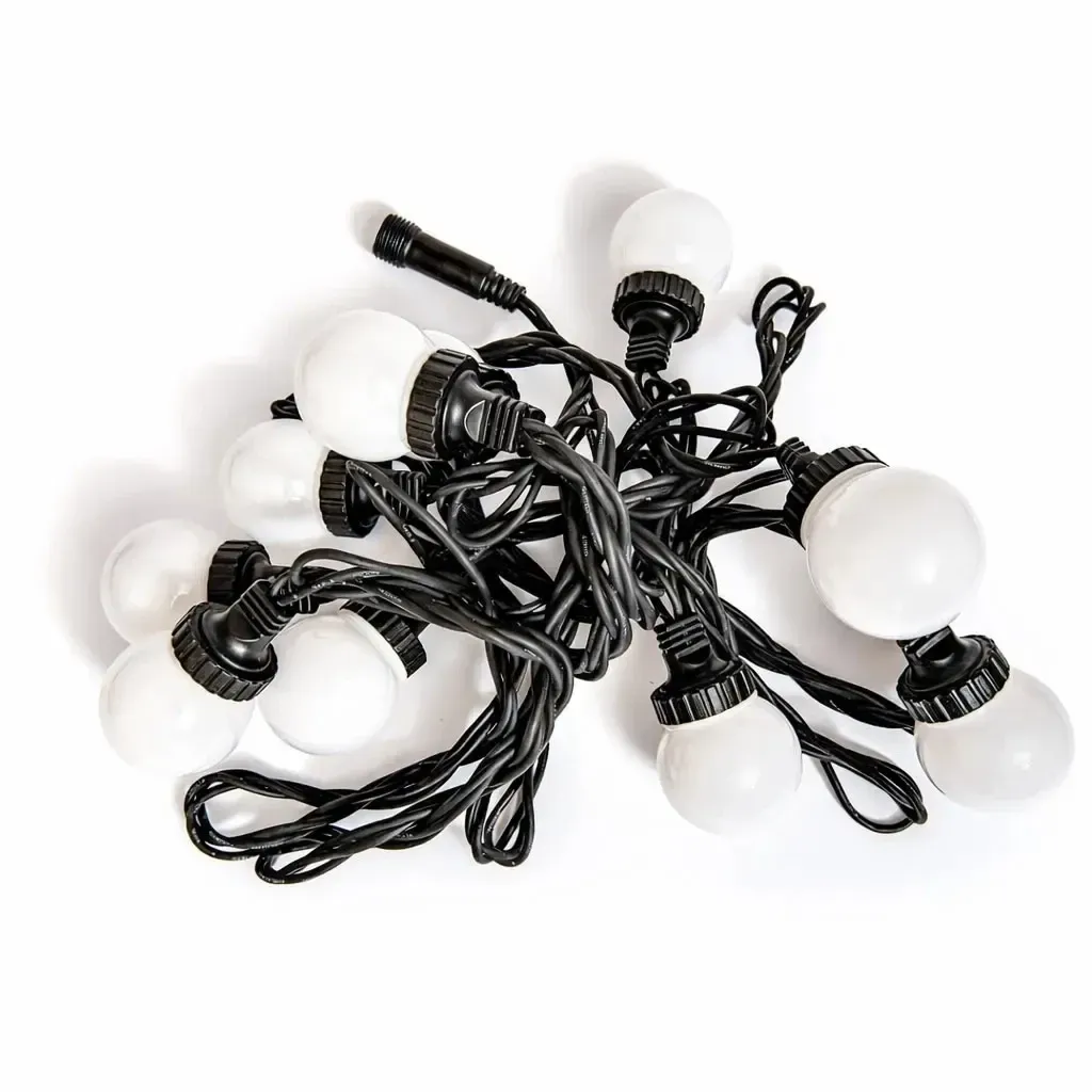 Oświetlenie imprezowe Easy Fix LED, 5 m, do użytku na zewnątrz, 10 kulek, 70 diod w kolorze lodowej bieli, czarny kabel, IP67, przedłużacz