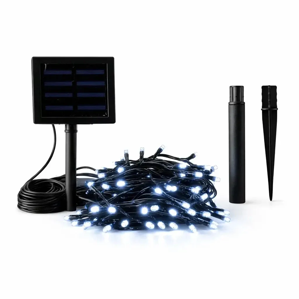 Zewnętrzne lampki solarne LED do ogrodu, 5 m, białe jak lód, 50 diod, czarny kabel, IP44, panel słoneczny