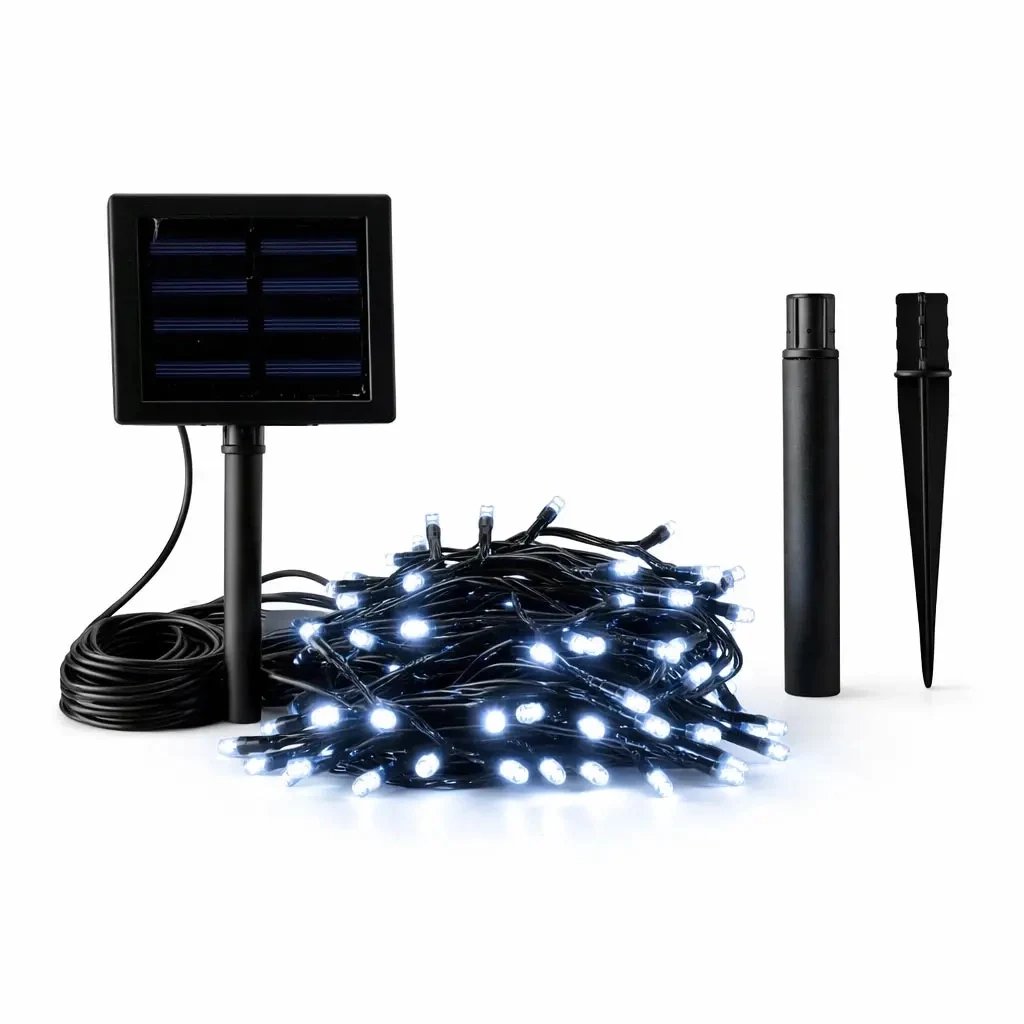 Zewnętrzne lampki solarne LED do ogrodu, 10 m, kolor lodowobiały, 100 diod, czarny kabel, IP44, panel słoneczny