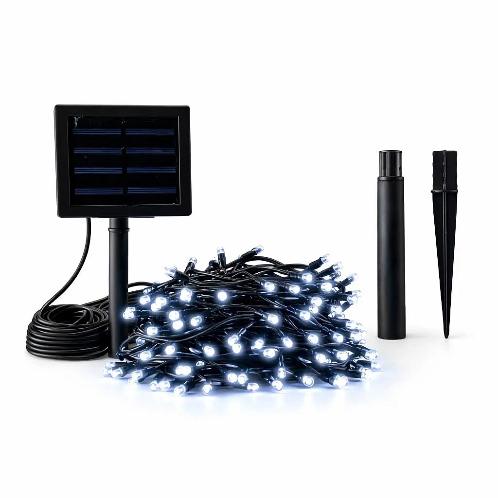 Zewnętrzne solarne lampy ogrodowe LED 20 m, lodowa biel, 200 diod, czarny kabel IP44, panel słoneczny