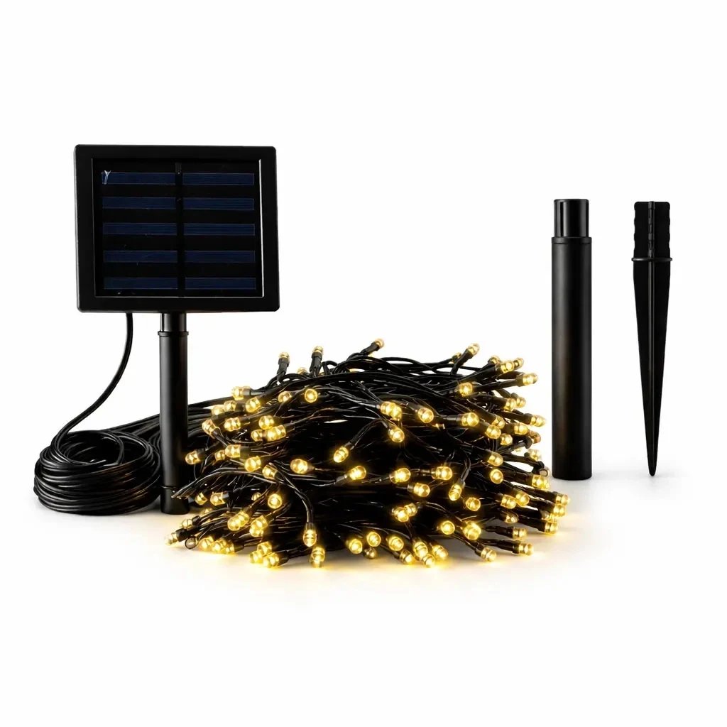 Zewnętrzne lampki LED na energię słoneczną do ogrodu, 20 m, ciepła biel, 200 diod, czarny kabel, IP44, panel słoneczny