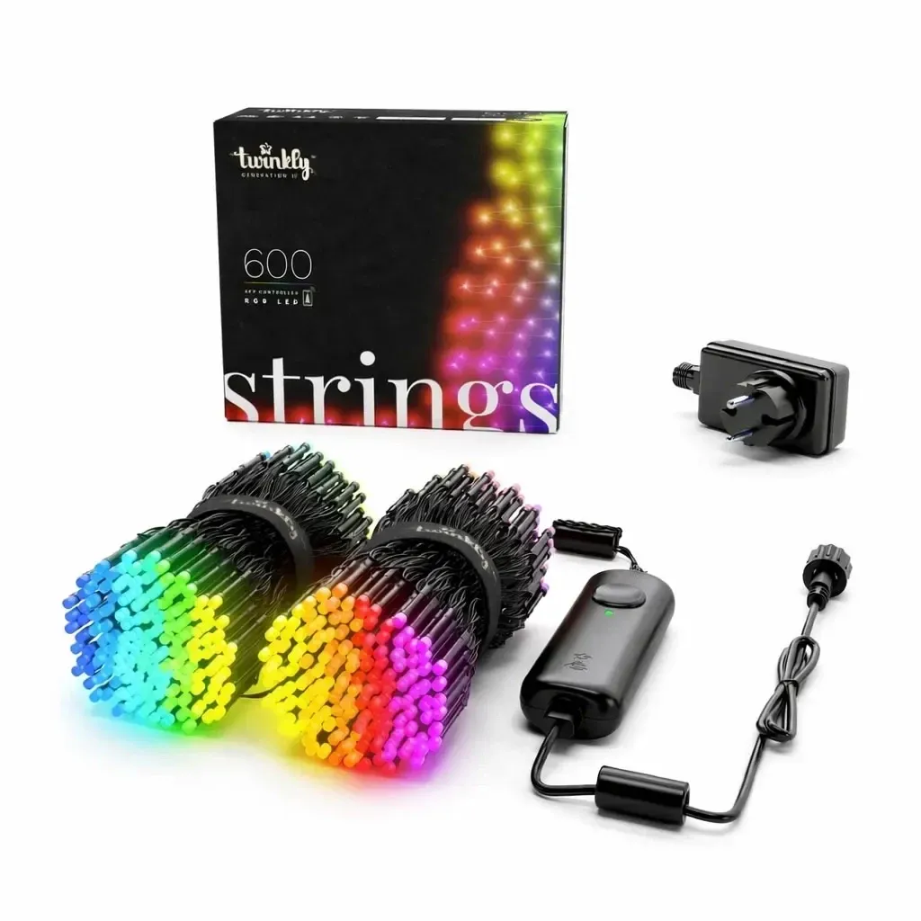 Kolorowe światła na zewnątrz Łańcuch świetlny Twinkly 2 × 24 m, 600 LED RGB, czarny kabel IP44, z zasilaczem, Bluetooth, Wi-Fi