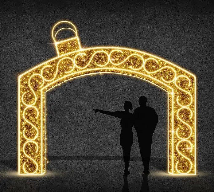 Ozdoba bramy świetlnej 3D LED, złota, 500 × 220 cm, ciepła biel, aluminium