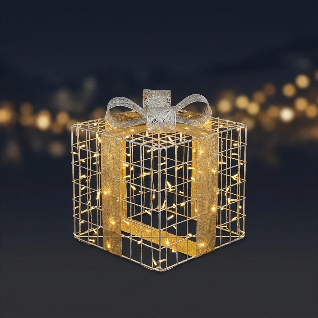 Prezent świetlny 3D LED z kokardą, v1, 80 × 90 cm, ciepły biały, aluminium