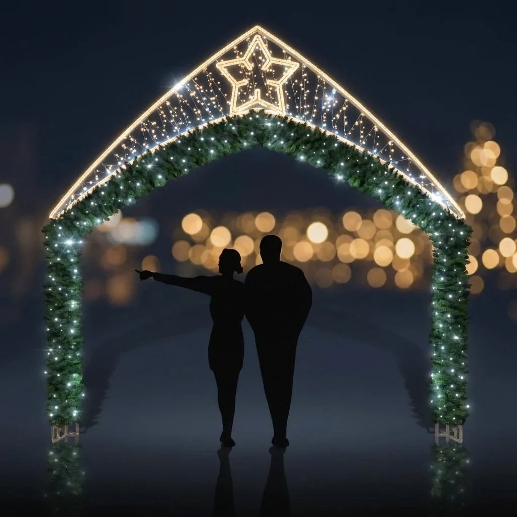 Bramka oświetleniowa Easy Fix 2D LED z 1 gwiazdą anyżu, stojąca, 350 × 360 cm, biel lodowa, aluminium