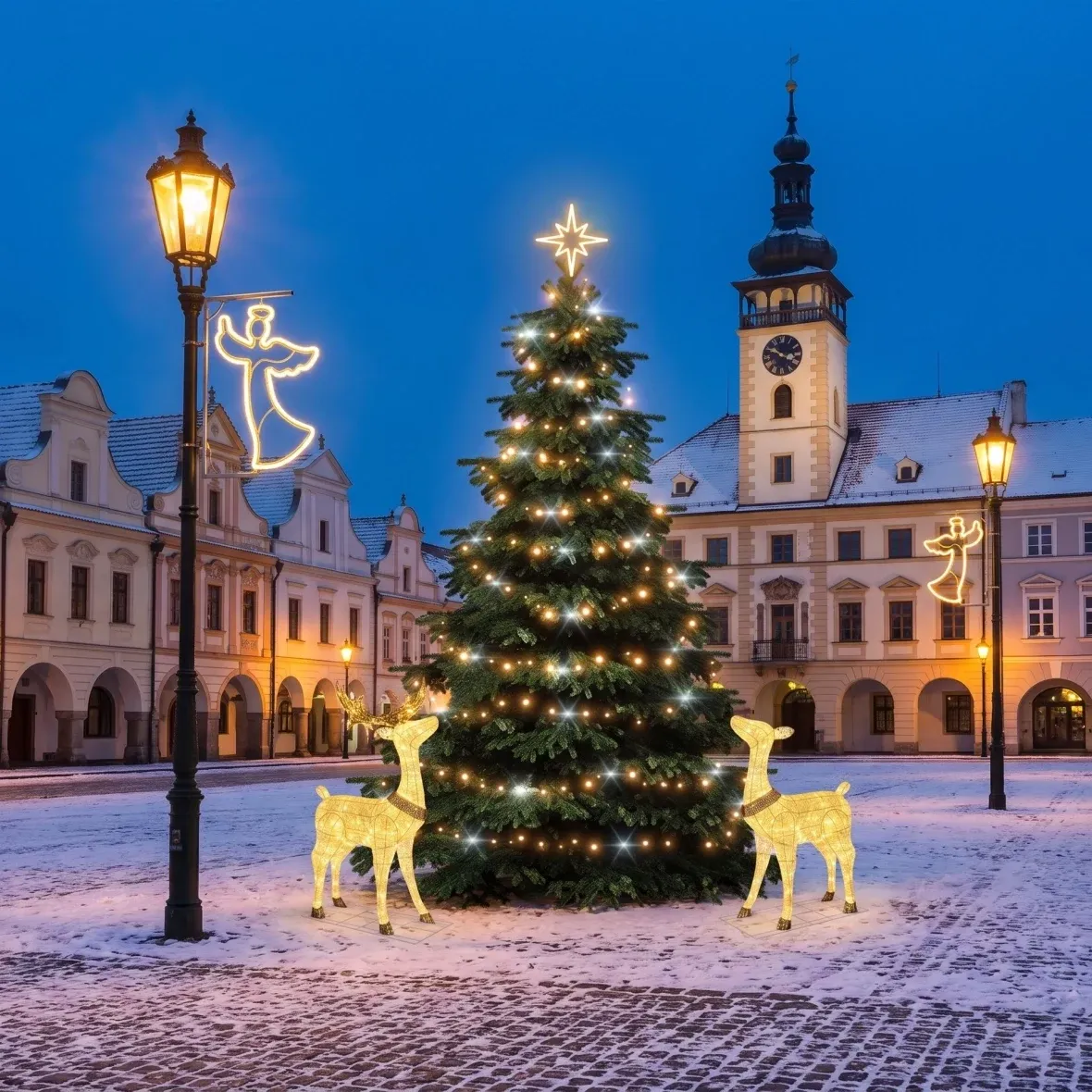 Zestaw świąteczny dla gmin: anioł z jeleniem i łanią, choinka 3–5 m „Flash”, 3× anioł do oświetlenia publicznego, jeleń i łania 3D LED 150 cm, ciepła biel
