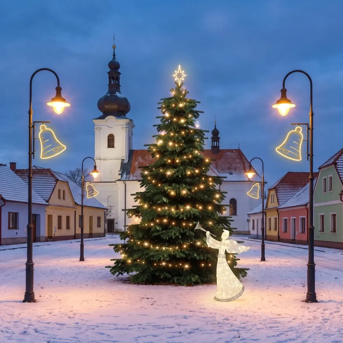 Zestaw świąteczny dla gmin: dzwonek, choinka o wysokości 3–5 m, 7 dzwonków do oświetlenia publicznego, anioł 3D LED o wysokości 122 cm, ciepła biel