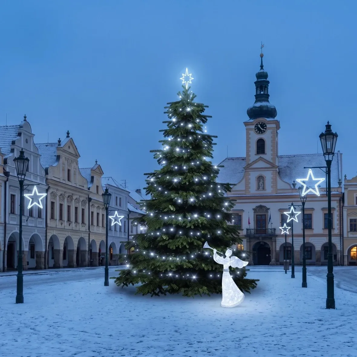 Zestaw świąteczny dla gmin: „Lodowa gwiazda”, choinka 3–5 m, 7 gwiazd do oświetlenia publicznego, anioł 3D LED 122 cm, lodowa biel