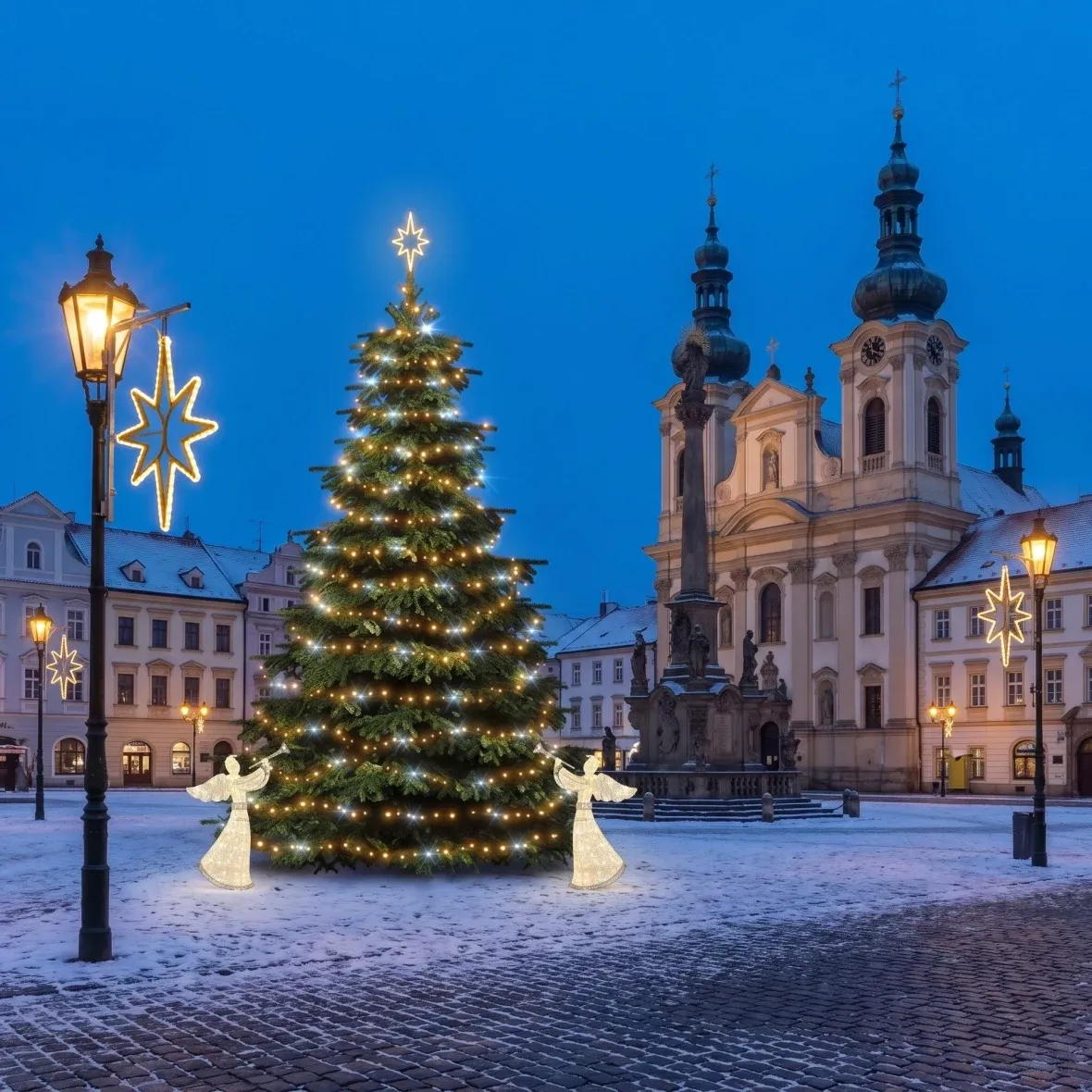 Zestaw świąteczny dla gmin: duża gwiazda, choinka 6–8 m „Flash”, 9 gwiazd do oświetlenia publicznego, 2 anioły 3D LED o wysokości 122 cm, ciepła biel