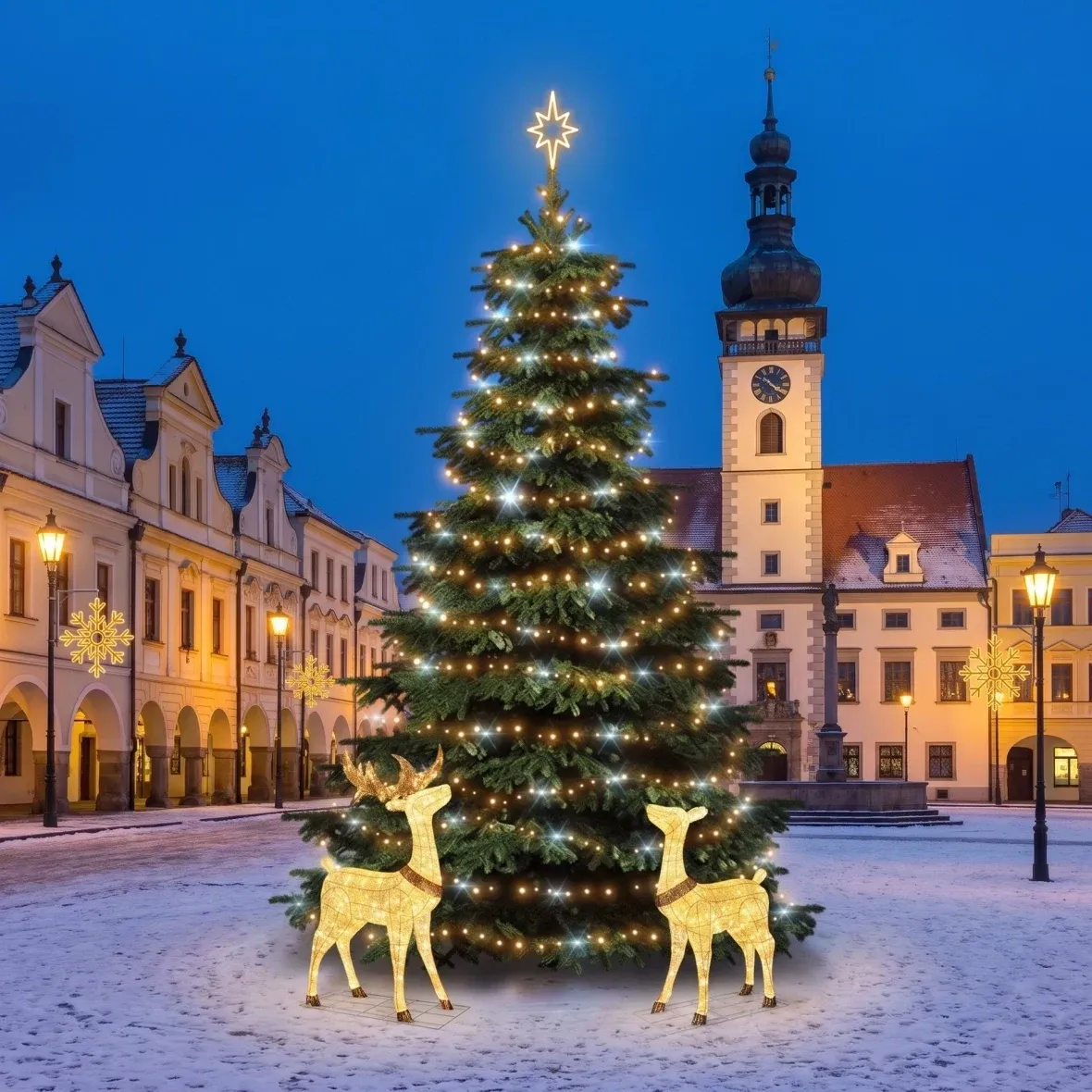 Zestaw świąteczny dla gmin „Duży płatek śniegu X” z jeleniem i łanią, choinka 6–8 m „Flash”, 8 płatków śniegu X do oświetlenia publicznego, jeleń i łania 3D LED 150 cm, ciepła biel