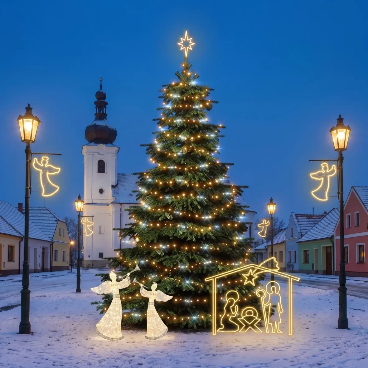Zestaw świąteczny dla gmin: anioł i szopka, choinka 6–8 m „Flash”, 8× anioł do oświetlenia publicznego, 2× anioł 3D LED 122 cm, szopka 162 × 172 cm, ciepła biel