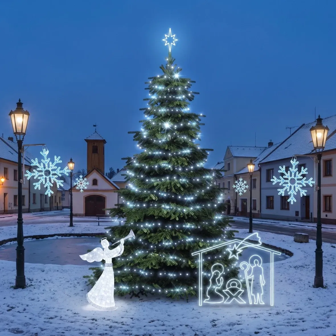Zestaw świąteczny dla gmin: „Lodowy płatek śniegu X” i szopka, choinka 6–8 m „Flash”, anioł 3D LED 122 cm, szopka 162 × 172 cm, kolor lodowa biel