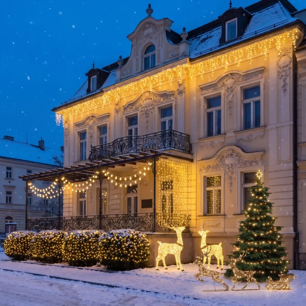 Zestaw świąteczny dla hoteli „Ogród i wejście”, choinka 3–5 m, 5× girlandy 3 m, jeleń i łania 3D z oświetleniem LED 150 cm, jelenie 3D z oświetleniem LED i saniami 180 cm, ciepła biel