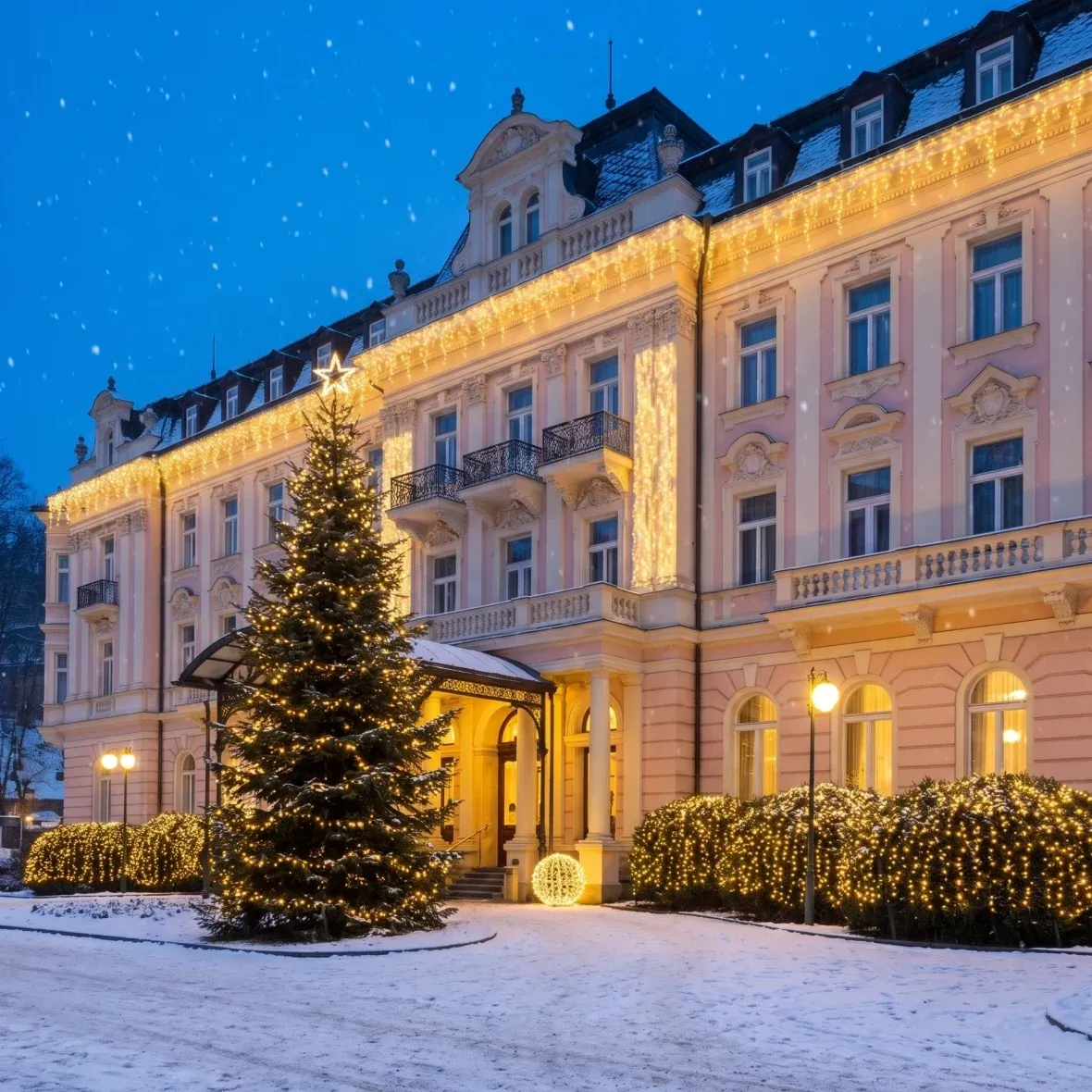 Zestaw świąteczny dla hoteli typu resort, choinka 6–8 m, 20 szt. sopli 3 m, 7 szt. łańcuchów 20 m, 1 szt. girlandy 1 × 8 m, kulki LED 3D Ø 60 cm, ciepła biel