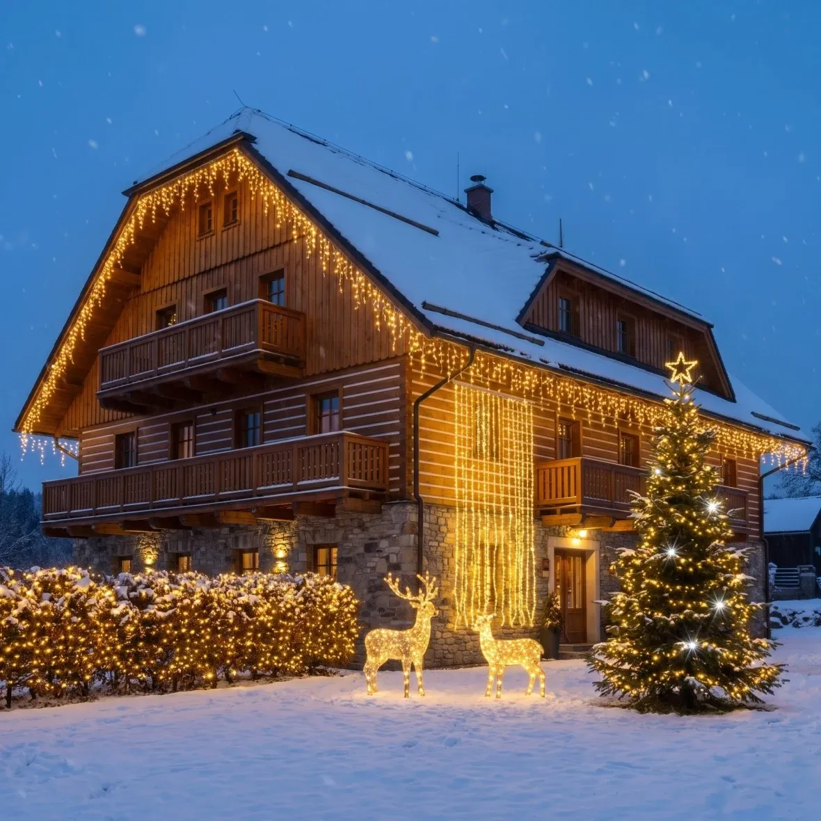 Zestaw świąteczny dla hoteli Resort Flash, choinka 6–8 m Flash, 12× stalaktyty 3 m Flash, jeleń i łania 3D LED 150 cm, ciepła biel z efektem Flash
