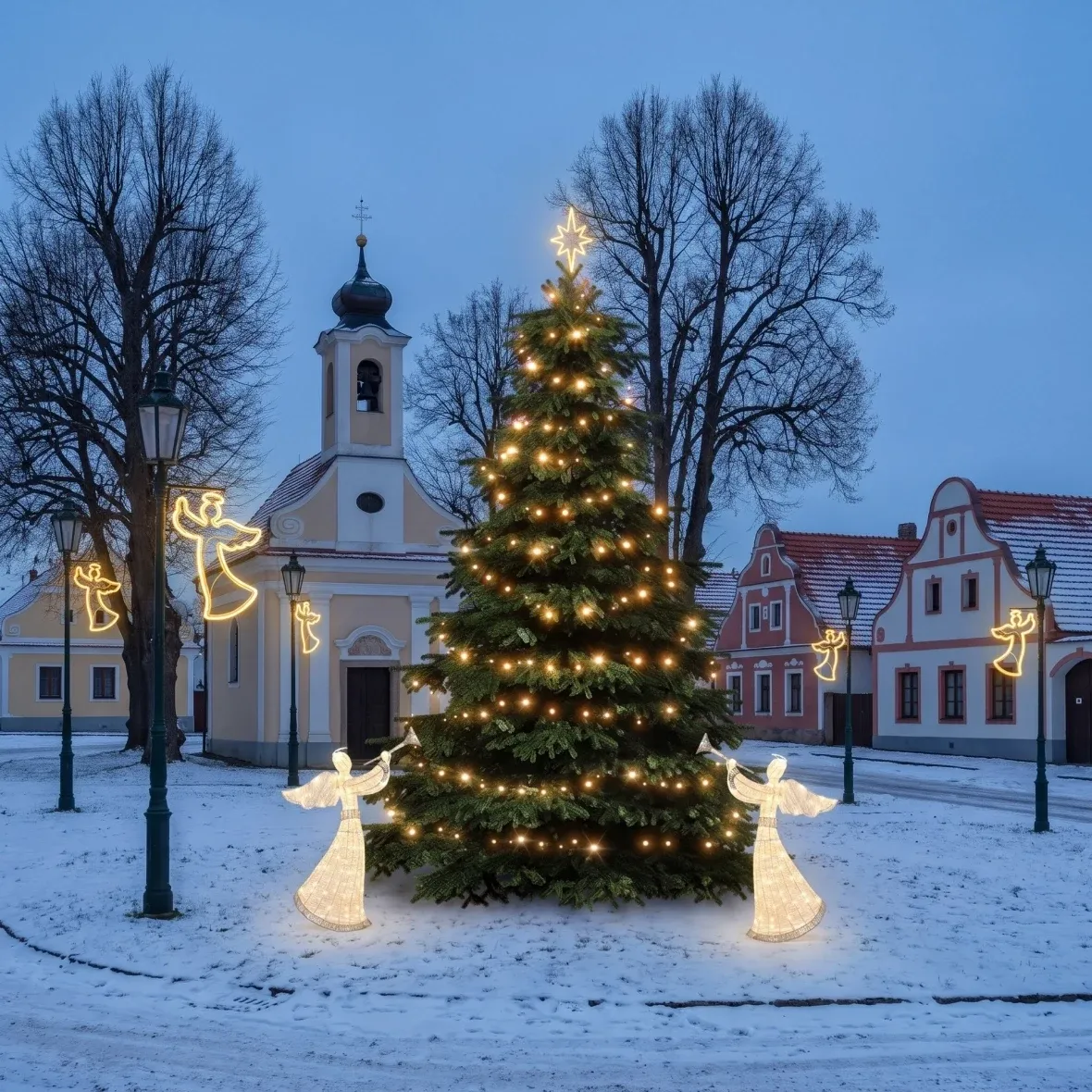 Zestaw świąteczny dla gmin: anioł, choinka 3–5 m, 6× anioł do oświetlenia publicznego, 2× anioł 3D LED 122 cm, ciepła biel