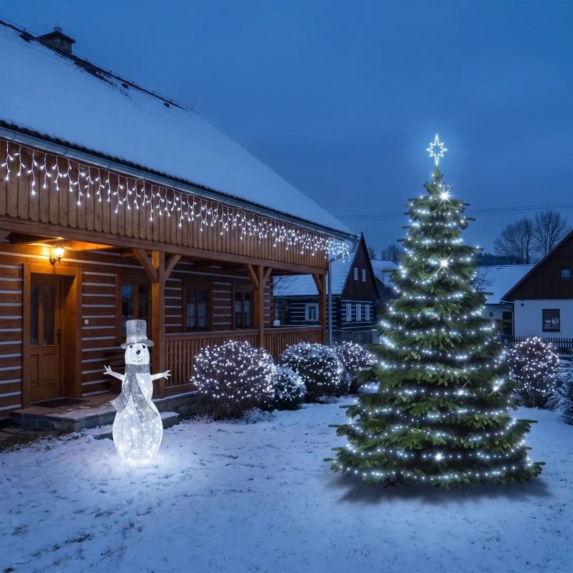 Zestaw świąteczny dla hoteli: duża lodowa fasada, choinka 6–8 m Flash, 16× sople 3 m, 5× łańcuch 20 m, trójwymiarowy bałwan LED 107 cm, lodowa biel